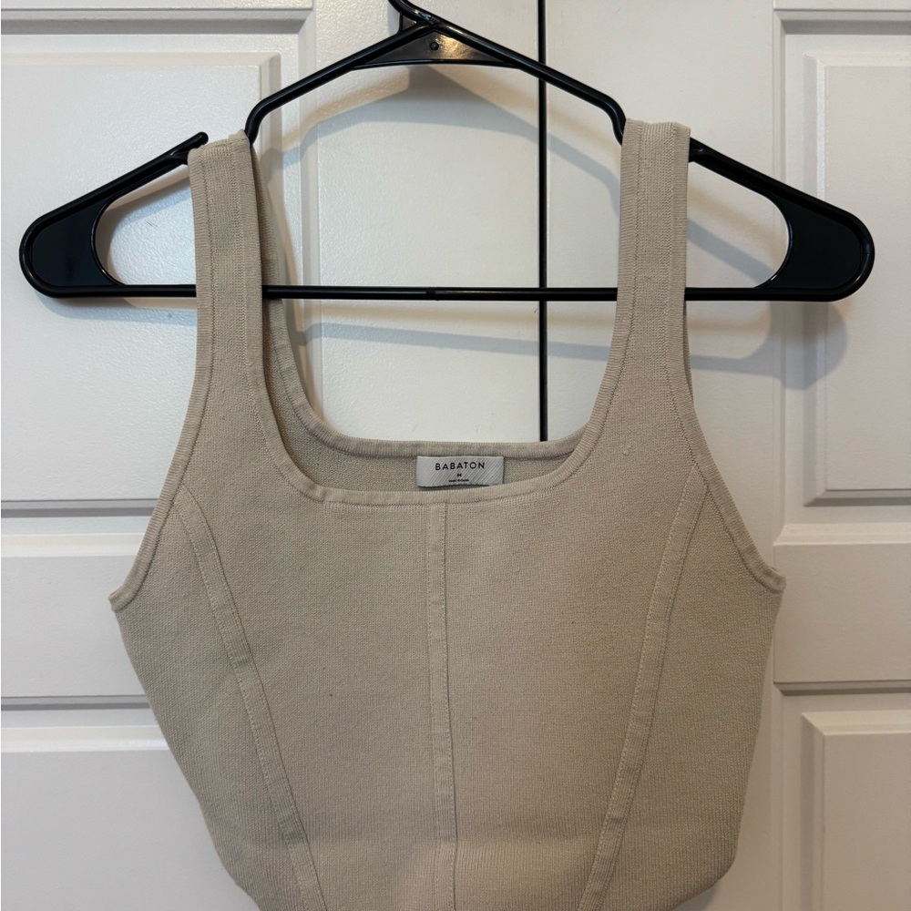 Babaton Taupe Crop Tank Top - Scoop Neck Ribbed Detail